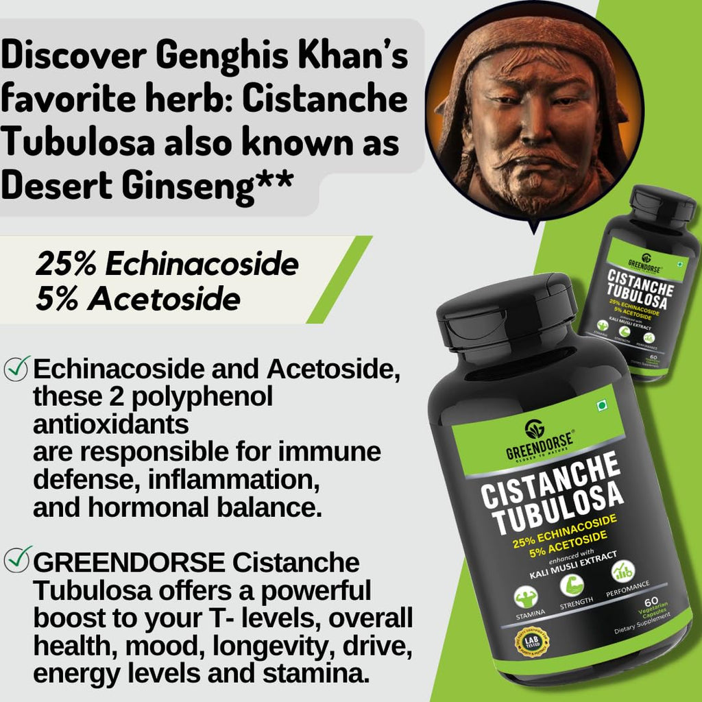 GREENDORSE Organic Cistanche Tubulosa standardised to 25% Echinacoside, 5% Acetoside with Kali Musli Extract 1000mg | 3rd Party Tested| For Strength, Performance, Vitality- 60 Veg Capsules