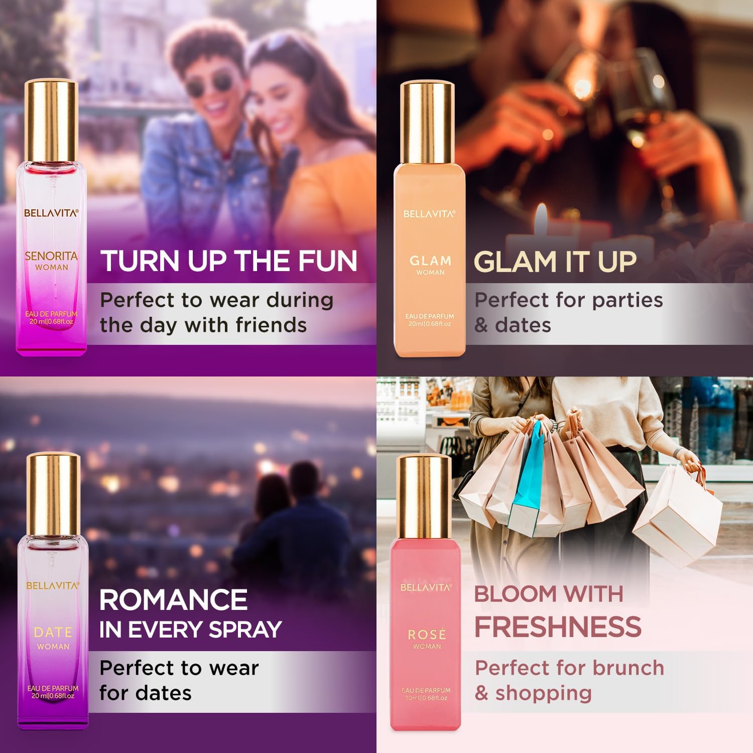 Bella Vita Luxury | Perfume Gift Set for Women 4x20ml each | Date, Senorita, Glam, Rose | Perfume for Woman | Gifts for Woman | Long Lasting Eau De Parfum | Floral & Fruity Fragrance