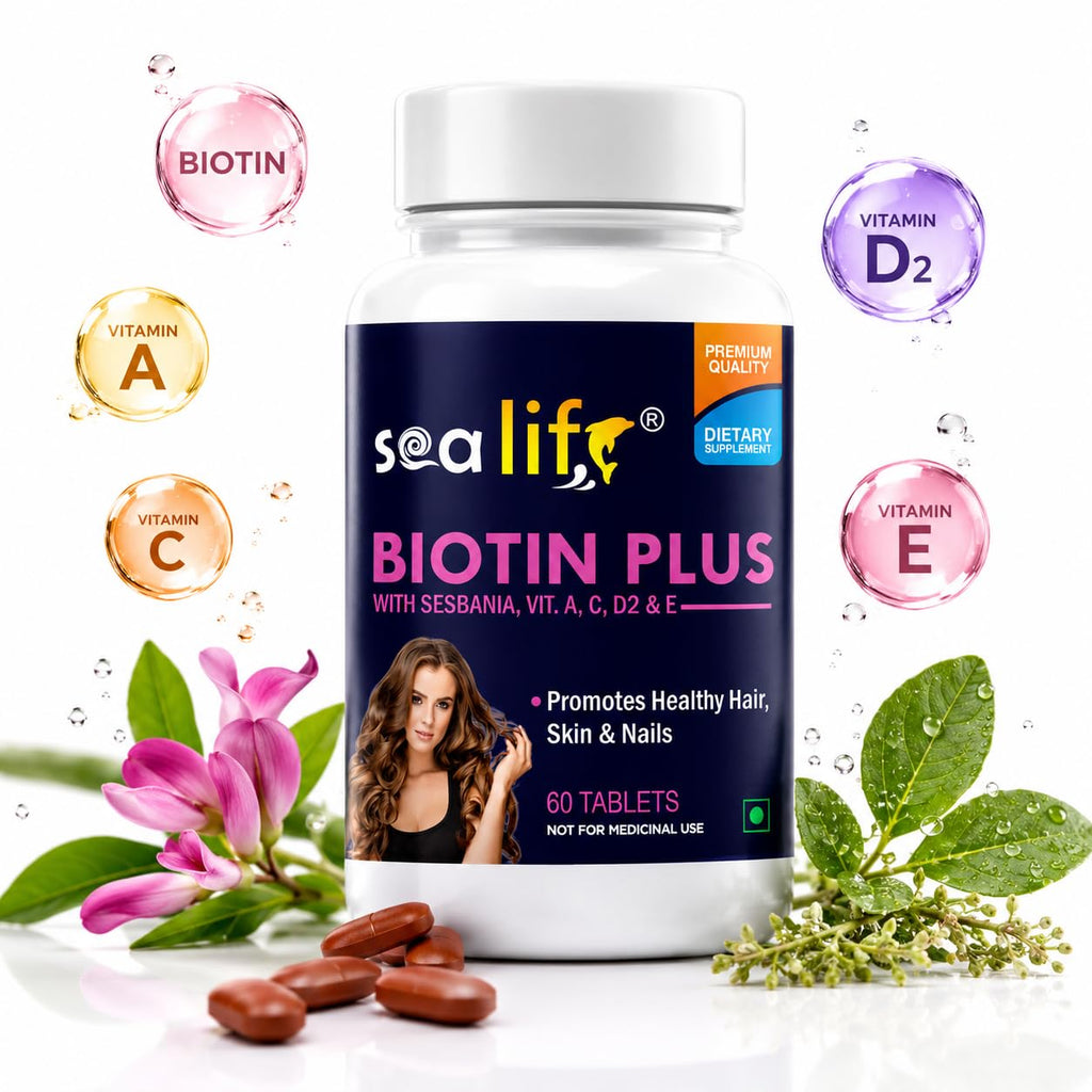 Sea Life Biotin Plus Tablets Prevent Hair Loss and Promotes Healthy Hair Growth | Glowing Skin And Longer Nails with Multivitamins & Sesbania Extract (60 Tablets Each) For Men and Women (Pack of-1)