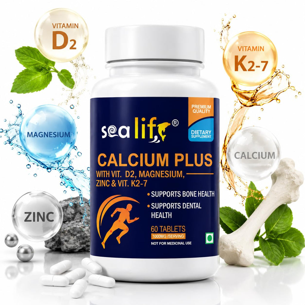 Sea Life Calcium Plus (60 Tablets) With Vitamin D2, k2-7 Magnesium & Zinc | Supports Stronger Bones, Teeth, Immunity & Muscle Health For Women and Men.