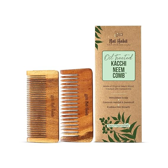 Nat Habit Kacchi Neem Comb Fine Tooth Styling & Wide Tooth Shampoo Combo, Soaked in 17 Herbs | Small Size