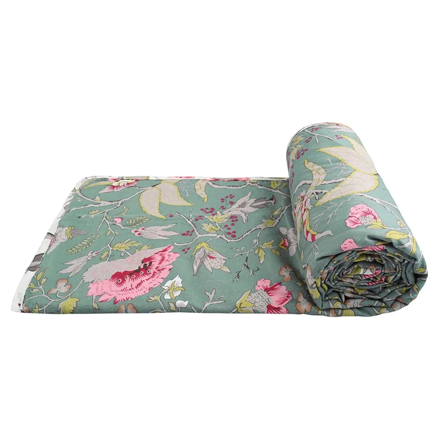 Trance Home Linen 100% Cotton Reversible Dohar Double Bed Size Jaipuri Printed Artisan Block Design Blanket Soft Lightweight Colour Calicut Green