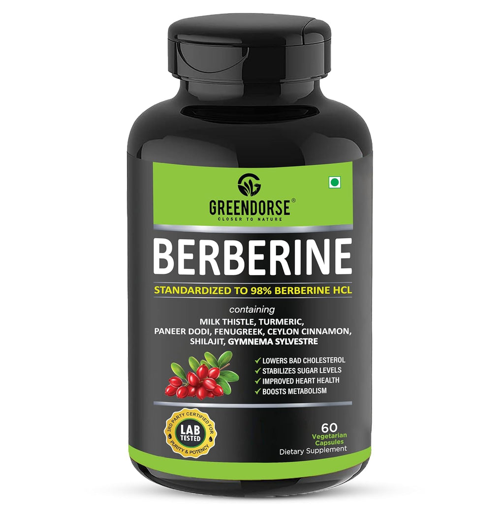 GREENDORSE Berberine HCl 98% - 8 IN 1 GDA Formulation- With Milk Thistle, Gymnema Slyvestre, Ceylon Cinnamon, Indian Rennet (Paneer Dodi), Turmeric, Shilajit, Fenugreek etc | Support Blood Sugar, Liver, Lower Cholesterol, PCOS supplement- 60 Veg Capsules