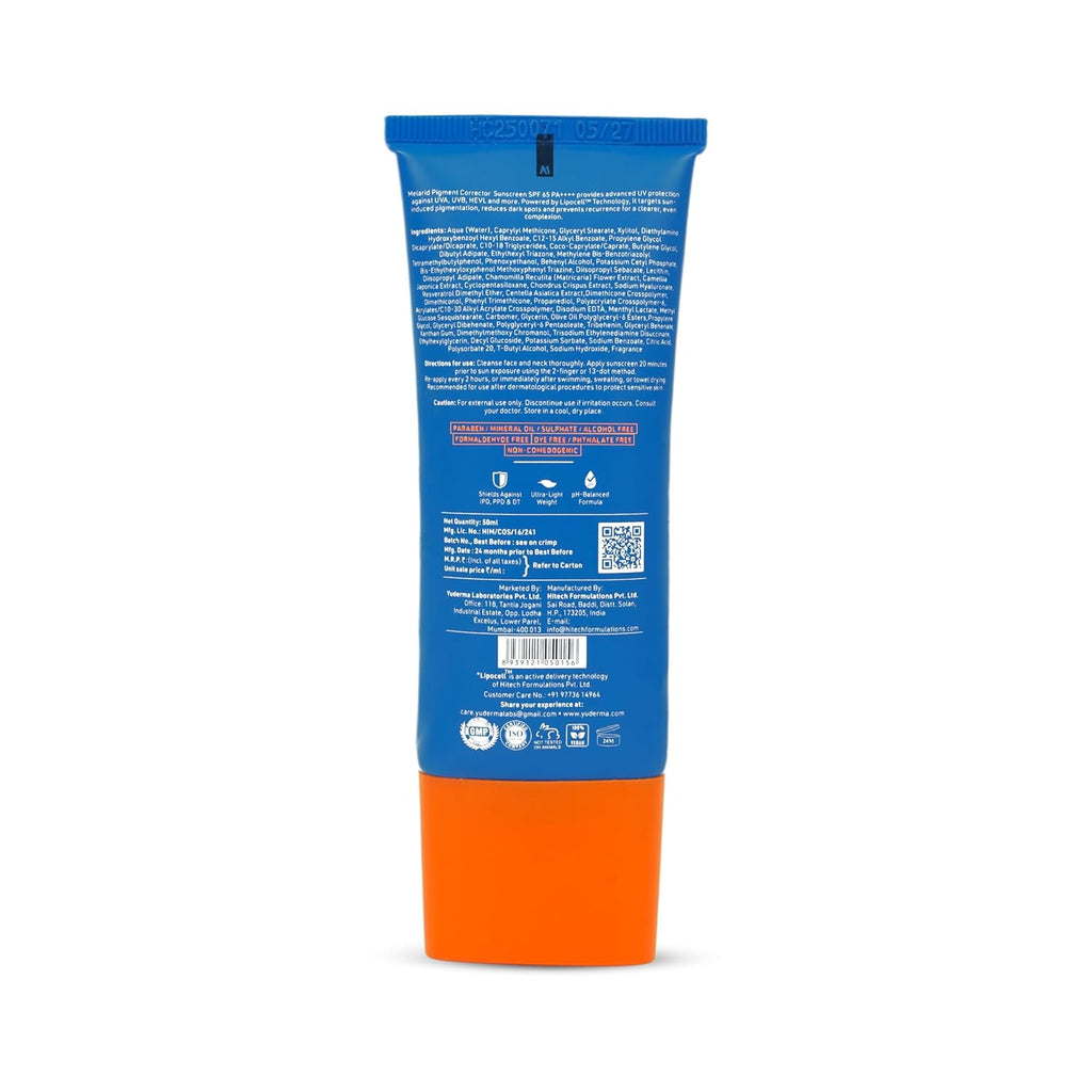 Yuderma Melarid Pigment Corrector Sunscreen SPF 65 PA++++ | Multi spectrum defense UVA, UVB & HEVL Protection | 50 ml