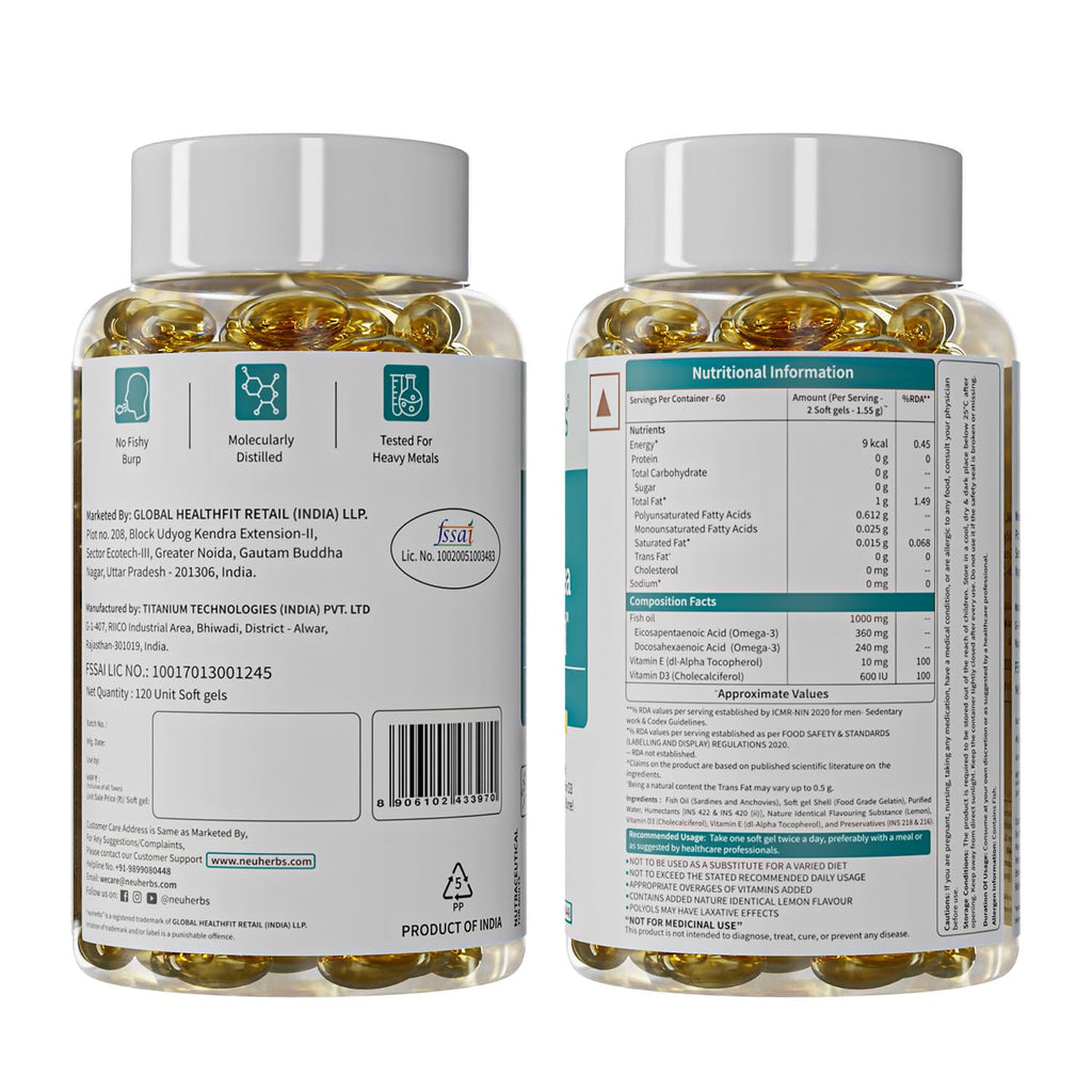 Neuherbs Mini Deep Sea Omega 3 Fish Oil Capsules 1000mg Supplement | EPA - 360mg, DHA - 240mg | With Vitamin E & D3 | Suppots Heart, Brain, Muscle & Joint Health| Lemon Flavour - 120 Softgels
