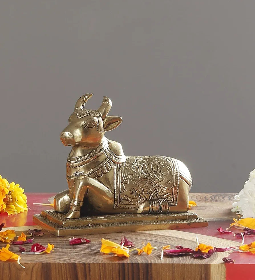 Two Moustaches Lotus Engraved 5 Inches Brass Nandi Cow Over Base