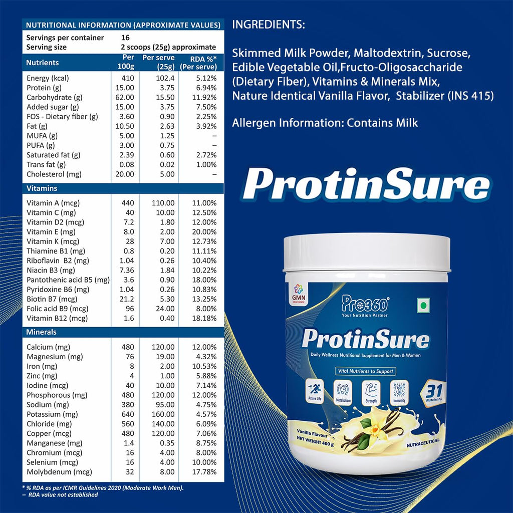 Pro360 ProtinSure Protein Powder Nutritional Supplement for Daily Wellness for Men and Women - Vanilla flavour 400g