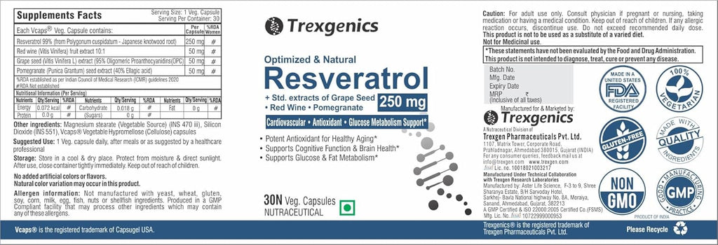 Trexgenics Natural RESVERATROL 250 mg + Grape Seed OPC, Pomegranate Ellagic acid, Red Wine Cardiovascular Health, Antioxidant & Glucose Metabolism VEGAN & NON-GMO (30 Veg. Capsules) (Pack of 1)