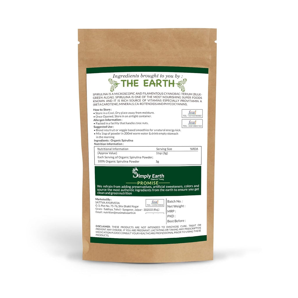 Simply Earth Organic Spirulina Powder for Energy, Digestion & Skin Health | Plant Based Protein Superfood Non-GMO | Immunity Booster, Superfood Supplement & Natural Multivitamin - 100g Veg Powder