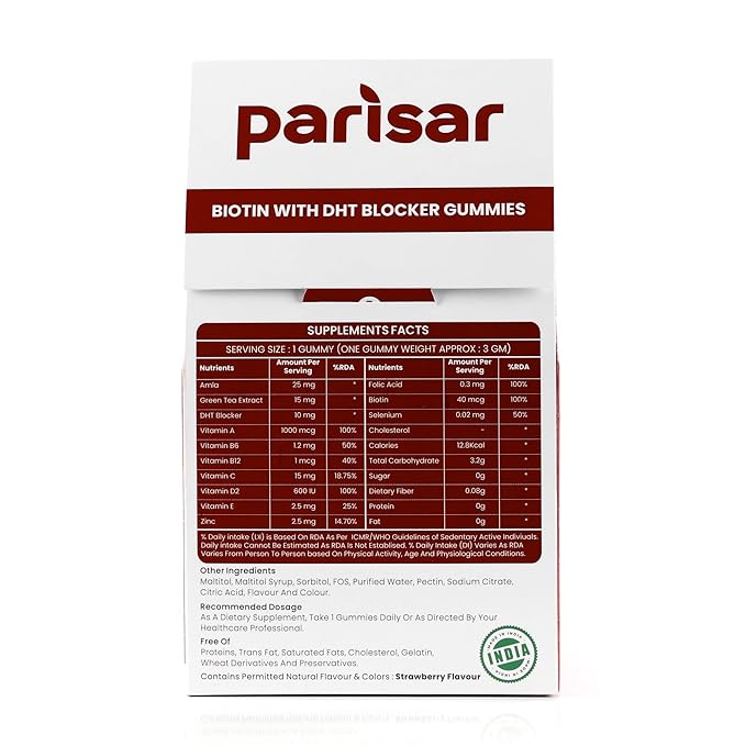 Parisar Pharma Biotin Gummies for Strong Shiny & Thick Hair Vitamin A to E - 60 Gummies