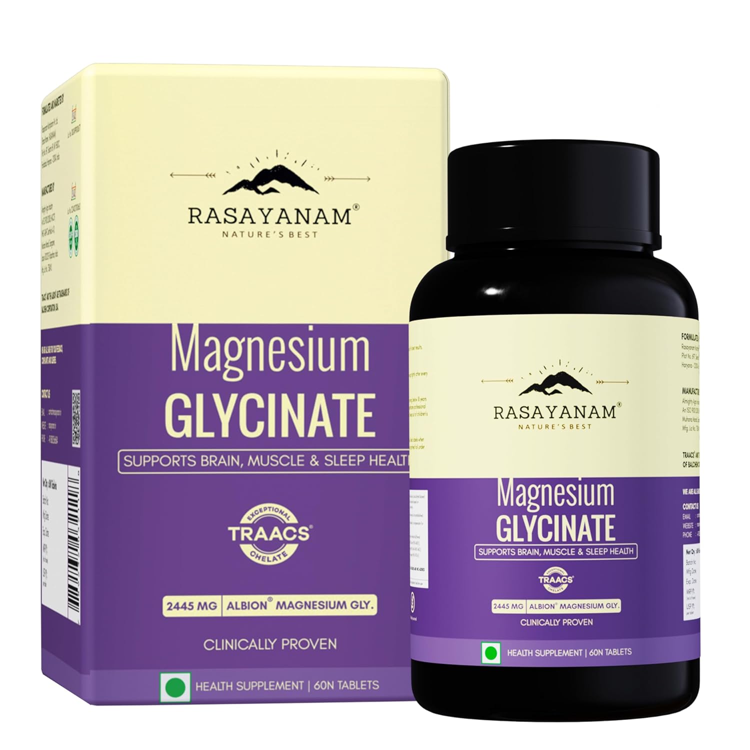 Rasayanam Chelated Magnesium Glycinate (2445 mg) - 60 Tablets | 440 mg Elemental Magnesium | High Absorption Magnesium Supplement | Supports Sleep, Relaxation & Muscle Recovery | Patented TRAACSÂ®