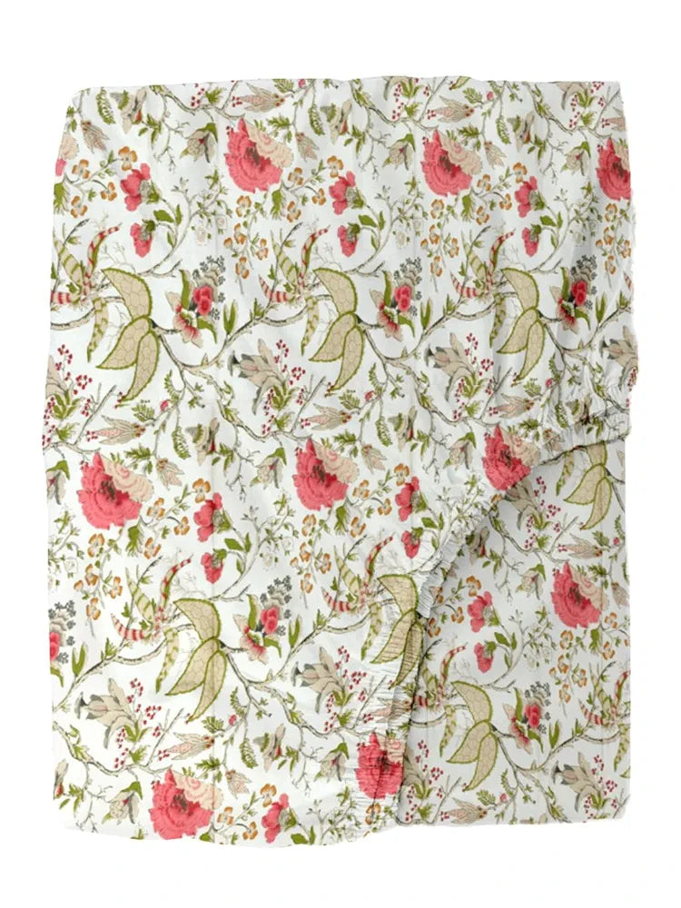 Trance Home Linen 180Tc Cotton 78"X72" Standard King Size Elastic Fitted Bedsheet Printed King Bed Size With 2 Pillow Covers 180 TC Calicut Colour White Green