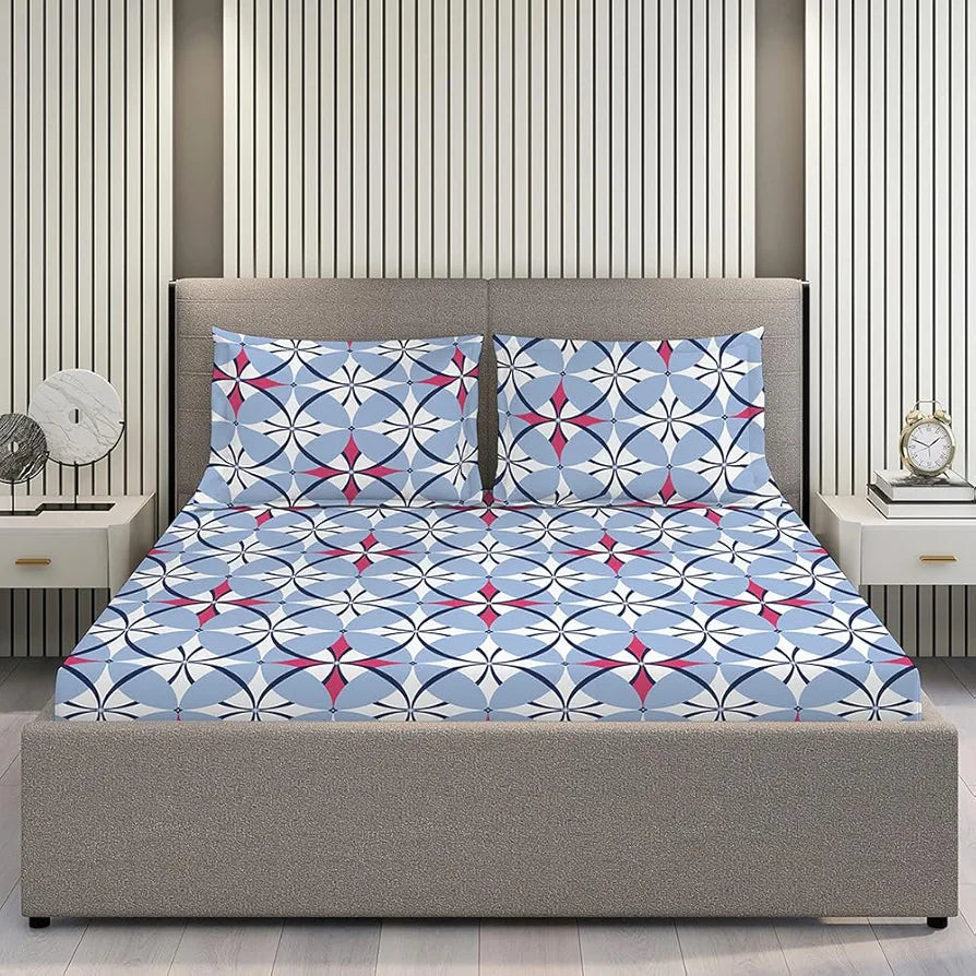 Layers Duracount Bedsheet Set for All Seasons Lightweight 225 CVC King Size Blue Geometrical