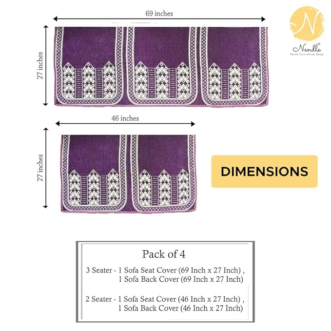 Nendle Luxurious Soft Velvet Abstract Design Sofa Cover 3 Seater and 2 Seater L Shape Sofa Cover 5 Seater (Pack of 4, Purple)