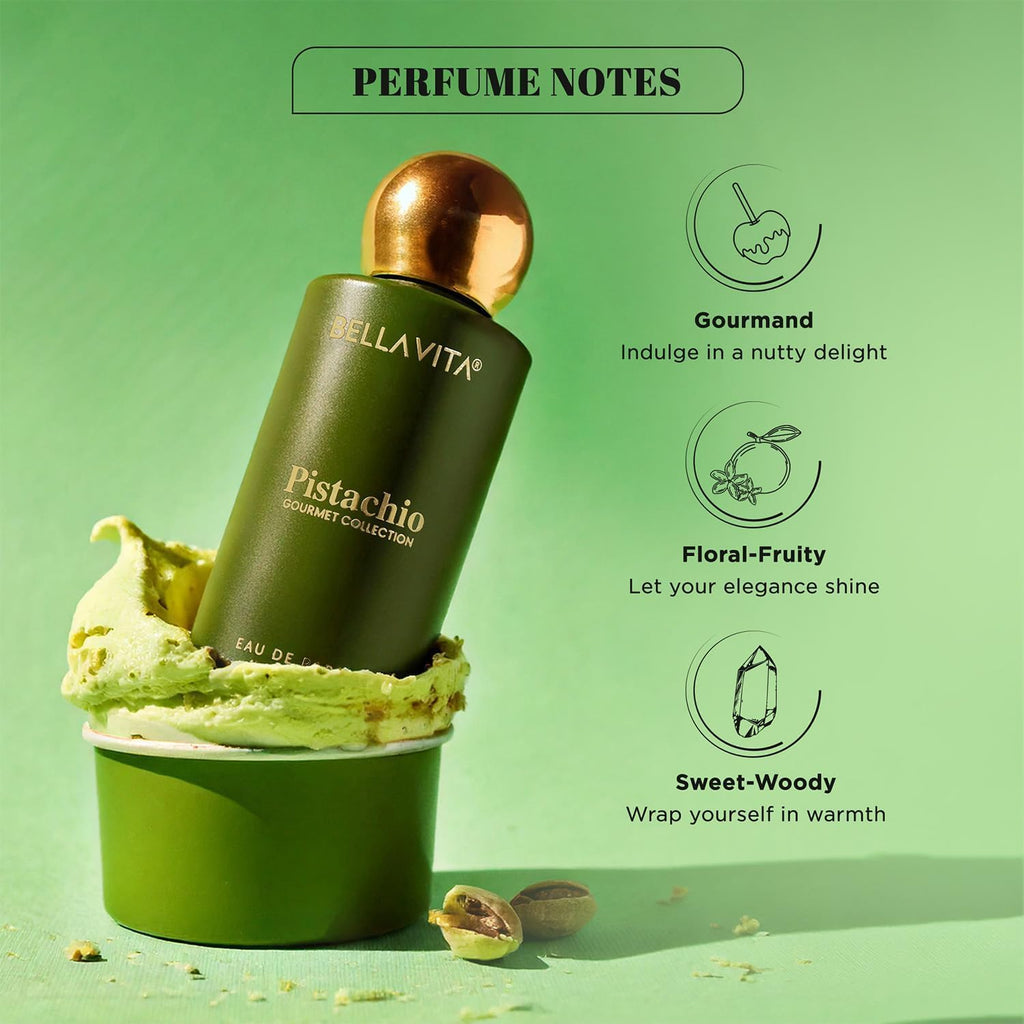 BELLAVITA Pistachio Gourmet Collection | Unisex Eau De Parfum 100ml || Long Lasting Perfume for Man and Woman Floral, Woody, Sweet Premium Unisex Fragrance for Men and Women |