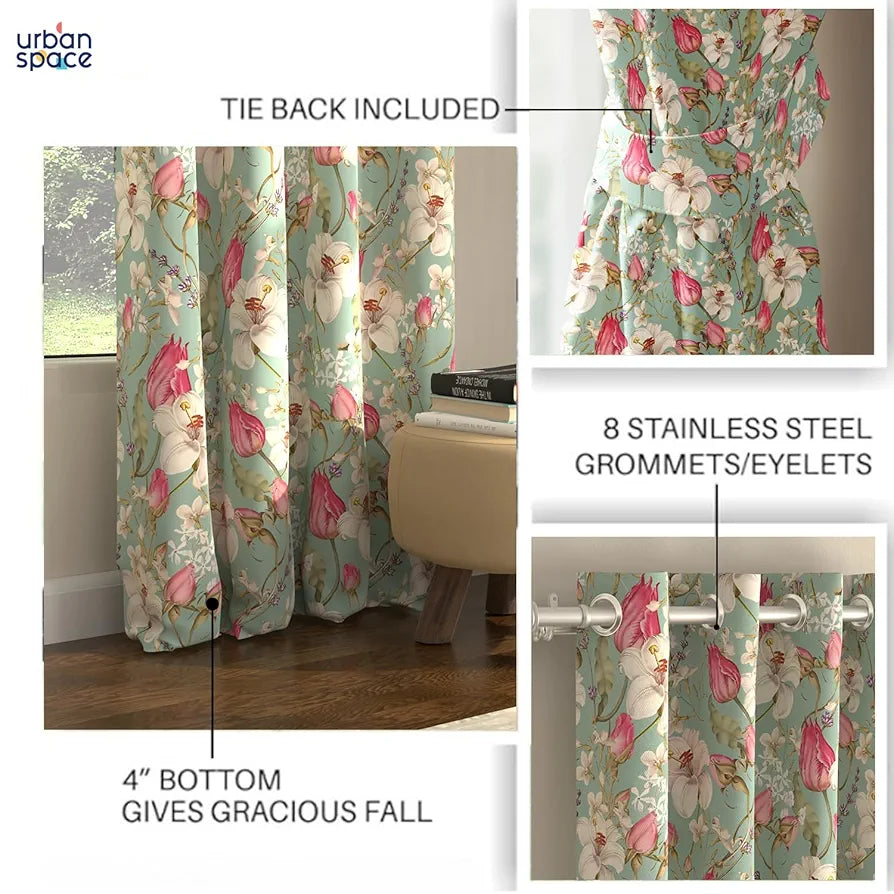 Urban Space Digital Printed Blackout Curtains for Door Bedroom Room Darkening Blackout Kids Decorative Curtains Flora Nova Sage