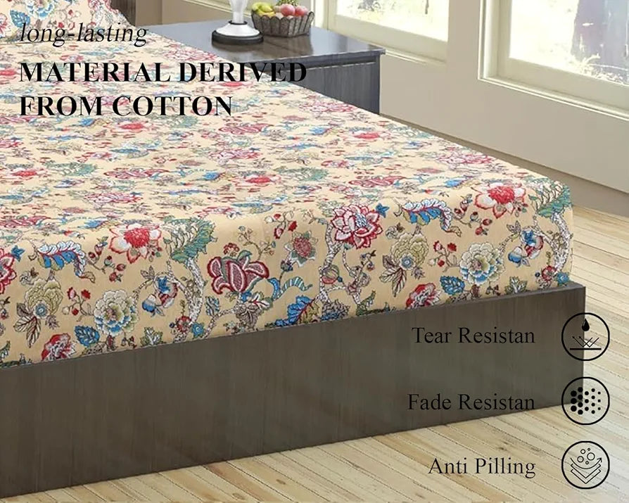 Trance Home Linen 144TC 100% Cotton Heritage Elastic Fitted Bedsheet with 1 Pillow Cover Jaipuri Printed Artisan Block Design Colour Malhaar red