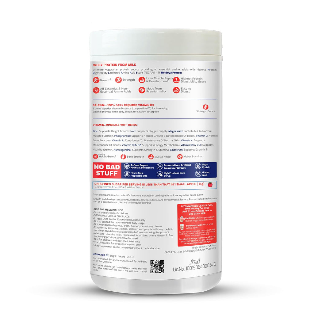 Gritzo SuperMilk Height+ (13+y Boys), 13g Protein Powder (Double Chocolate, 400g) | Zero Refined Sugar, 21 Vitamins & Minerals