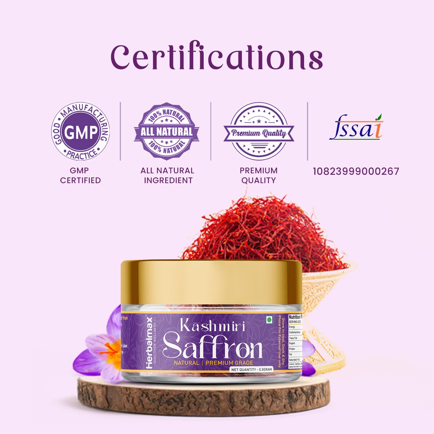 Herbal Max Original Kashmiri Mongra Saffron (A+++ Grade) | 100% Pure Natural & Untouched | Rich Aroma & Flavor for Pregnant Women, Biryani, Cooking, Beauty & Sweets | 0.5g