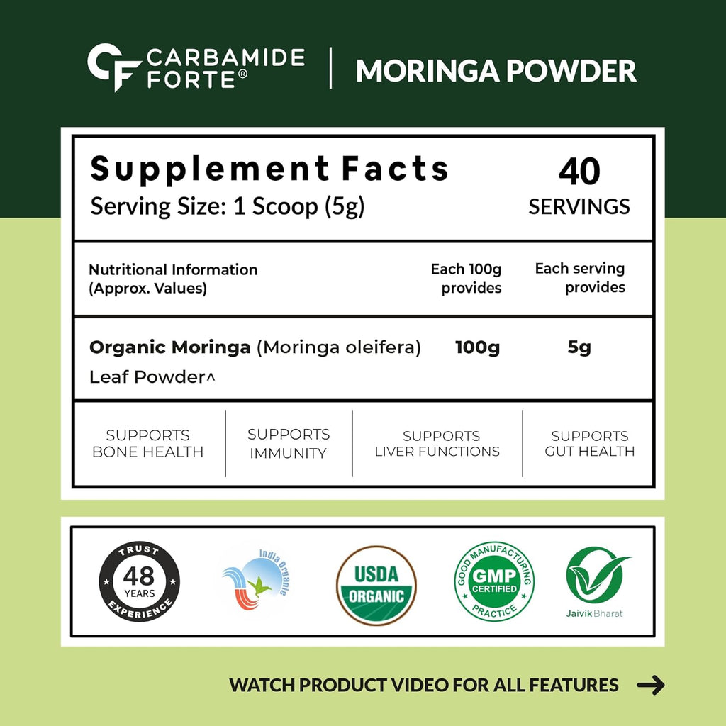Carbamide Forte 100% Organic Moringa Powder - Moringa Oleifera - USDA Certified | Moringa Leaves Powder | Moringa Powder Organic for Immunity, Digestion & Energy | Drumstick Leaves Powder - 200g