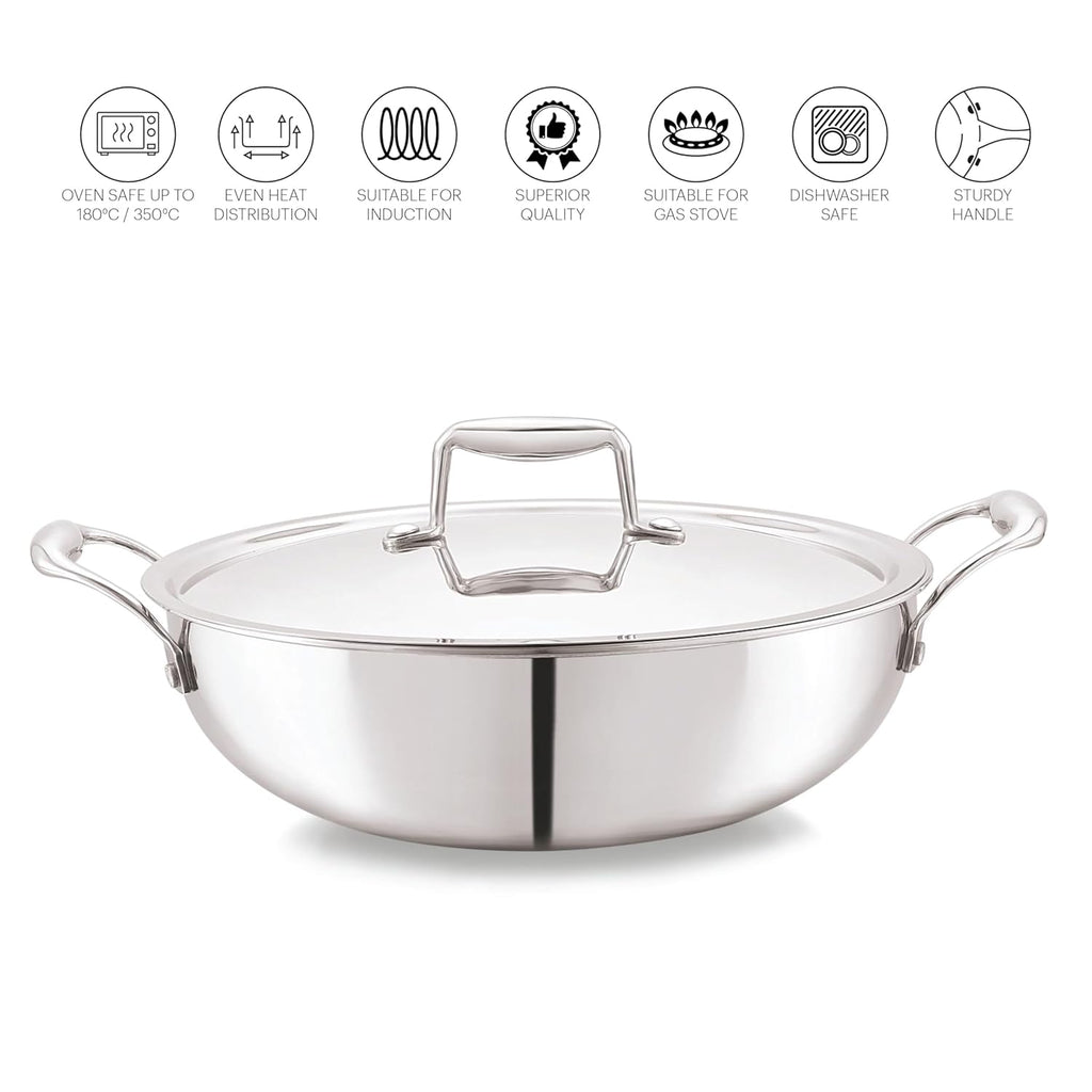 Cello Tri-ply 20 Cm Stainless Steel Cookware Kadhai With Lid