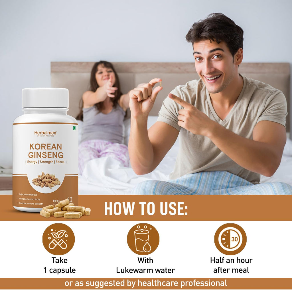 Herbal Max Korean Ginseng Capsules â€“ 60 Veg Capsules | Boosts Immunity, Stamina & Energy | Natural Stress Support | Ayurvedic Supplement for Men & Women