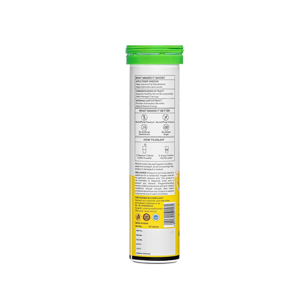 OZiva ACV Moringa | Control Cravings I Apple Cider Vinegar, Cinnamon, Guggul I No Maltodextrin & No Added Sugar I 15 Effervescent Tablets - Lemon Masala, Pack of 2 (30 Tablets)