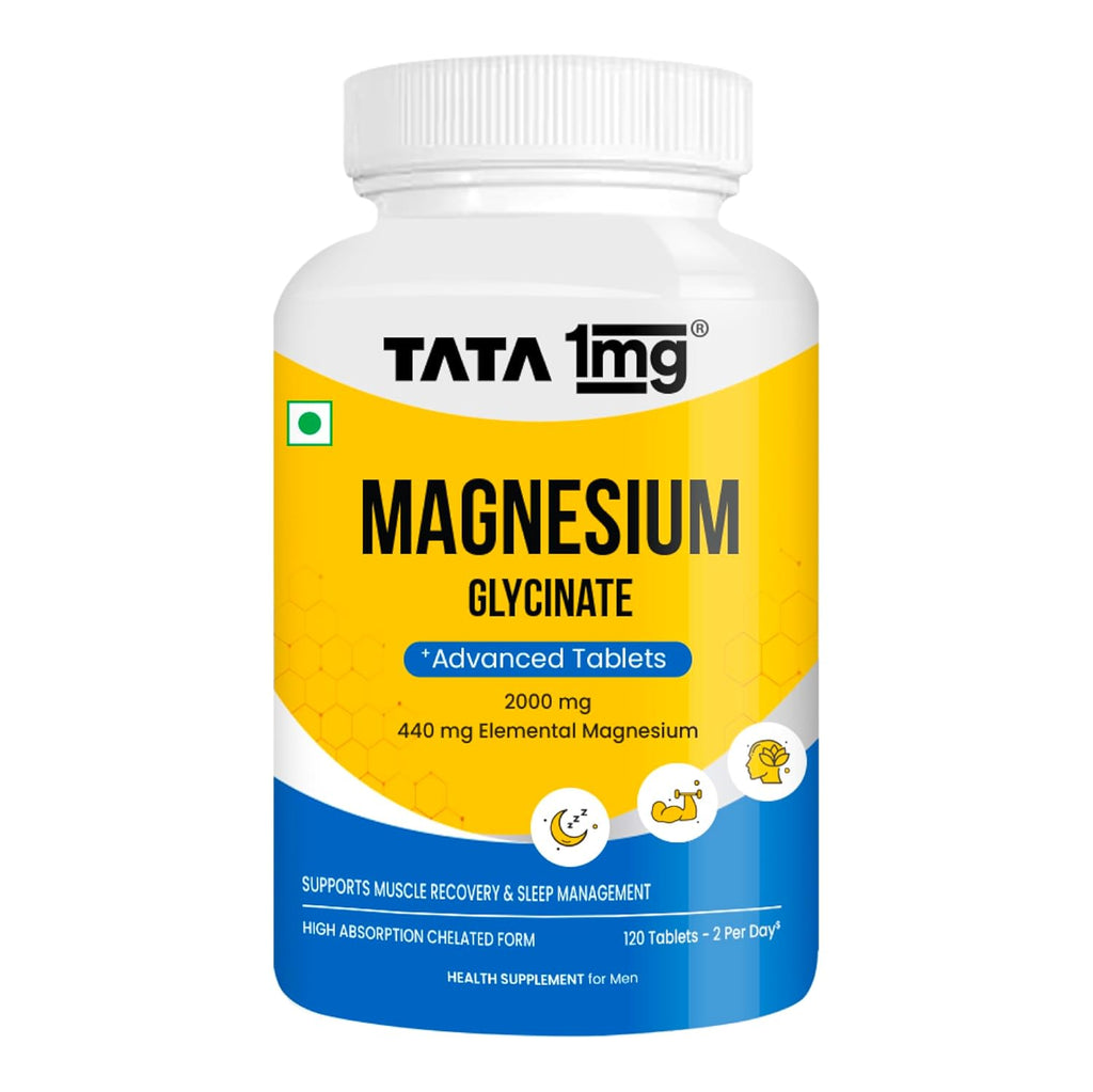 Tata 1mg Magnesium Glycinate Tablets |2000mg | High Absorption Chelated form for Muscle Recovery, Sleep & Nerve Health | 2000mg Per Serving â€“ 120 Veg Tablets