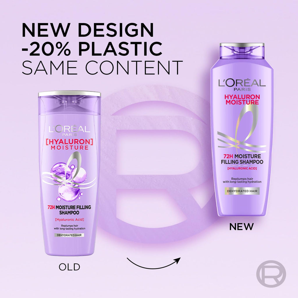 L OrÃ©al Paris Moisture Filling Shampoo, With Hyaluronic Acid, For Dry & Dehydrated Hair, Adds Shine & Bounce, Hyaluron Moisture 72H, 340Ml.