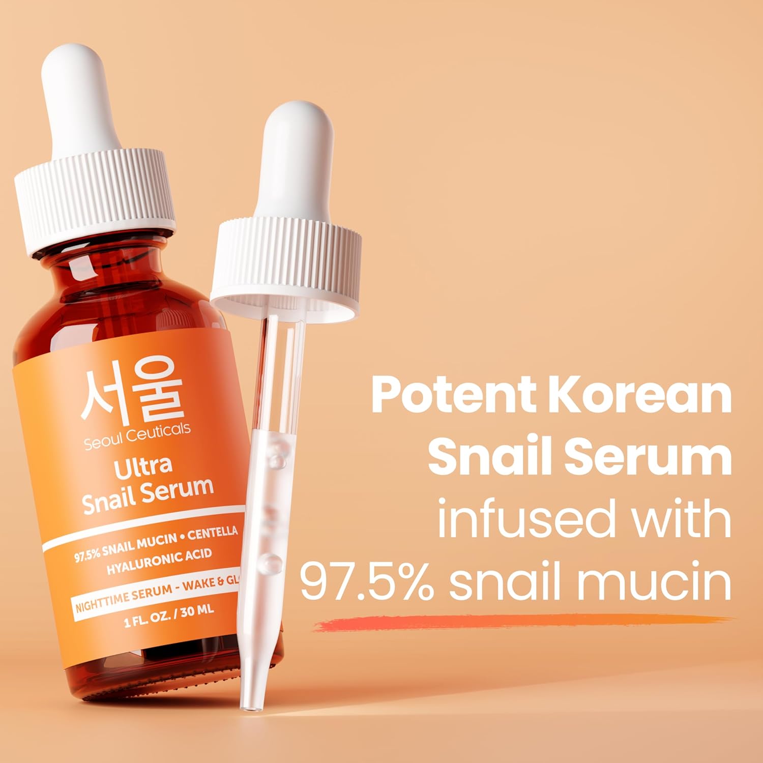 SeoulCeuticals Korean Snail Mucin Serum â€“ 97.5% Snail Serum with Hyaluronic Acid & Centella â€“ Anti Wrinkle & Anti Aging Serum for Face â€“ K Beauty Night Skincare - 30ml