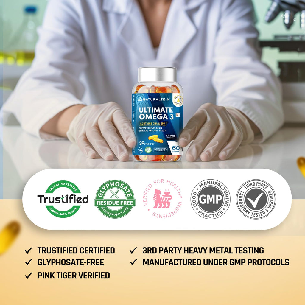 NATURALTEIN Omega-3 Fish Oil 1250mg Triple Strength Softgels | 450mg EPA & 300mg DHA in Triglyceride Form for Better Absorption | Heart, Brain, Eye & Joint Support | Glyphosate-Free | 60 Capsules