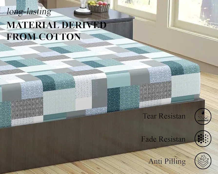 Trance Home Linen 100% Cotton 144TC Elastic Fitted Bedsheet Printed Double Size Bed with 2 Pillow Covers Colour Abstract Green