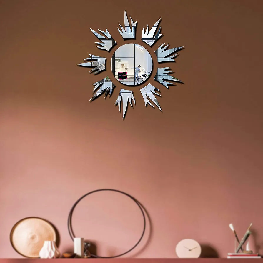 Bikri Kendra Sun Silver Model-11 Mirror Stickers for Wall, Acrylic Mirror Wall Decor Sticker