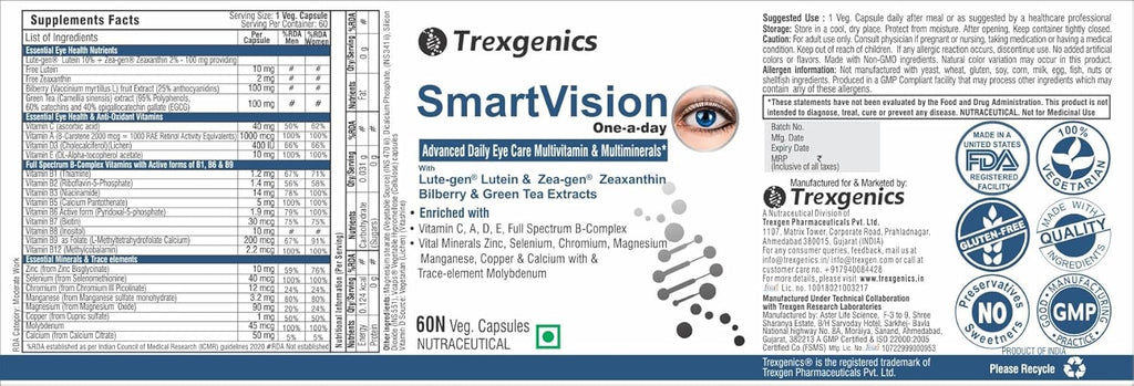 Trexgenics Smartvision Advanced Eye Care Multivitamin with Lutein, Zeaxanthin, Bilberry, Green Tea, Vitamin A, d, e, c, B-Complex and Minerals One-a-Day Formula for Digital Age -60 Veg. Capsules