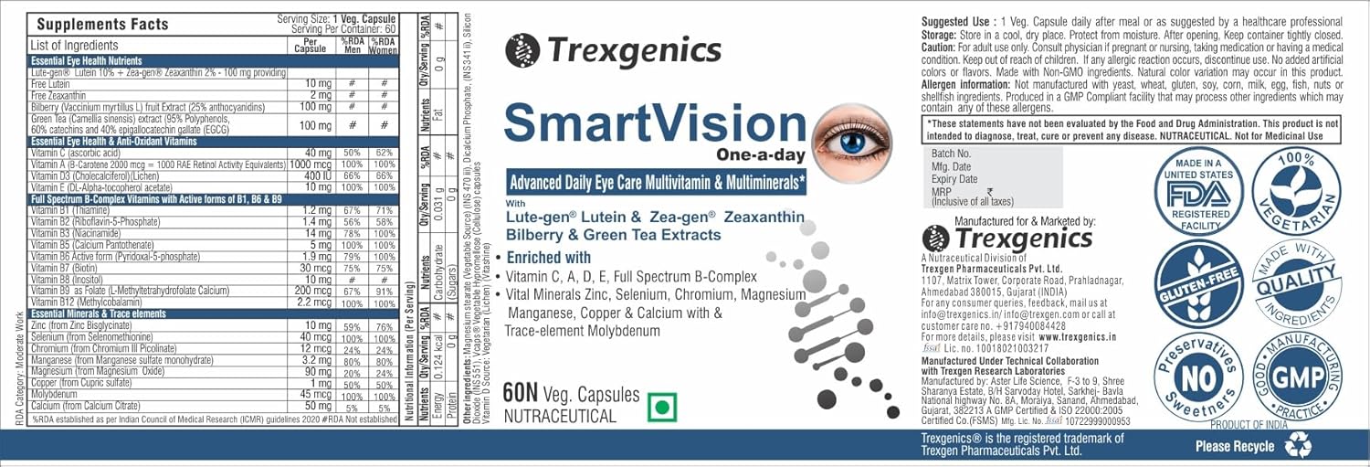 Trexgenics Smartvision Advanced Eye Care Multivitamin with Lutein, Zeaxanthin, Bilberry, Green Tea, Vitamin A, d, e, c, B-Complex and Minerals One-a-Day Formula for Digital Age -60 Veg. Capsules