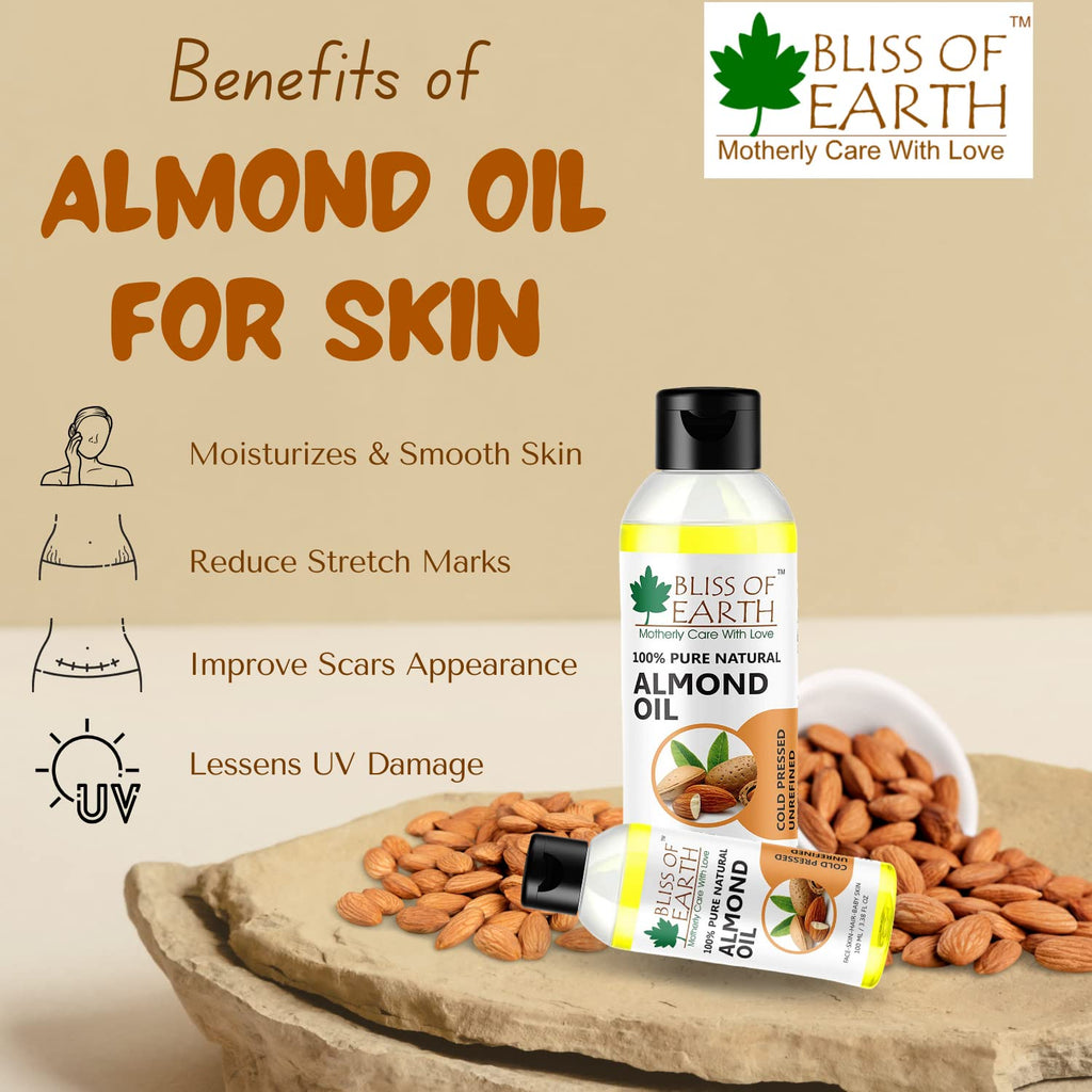 Bliss of Earthï¿½ 100% Pure & Natural Sweet Almond Oil (Coldpressed & Unrefined) Extracted From Whole Almond Kernels (100ML)