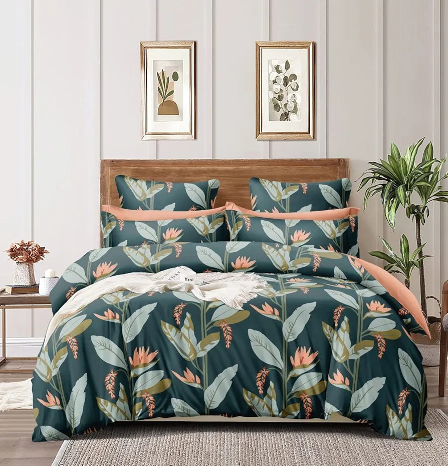 Cotton Feel Glace Cotton All Around Elastic Fitted Printed King Size Double Bed Bedsheet With 2 Pillow Cover,300 TC Forest Green