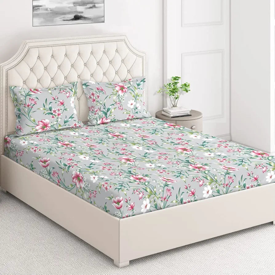 Layers Marigold Cotton Bedsheet Set for All Seasons Lightweight 144 TC King Size Grey/Pink