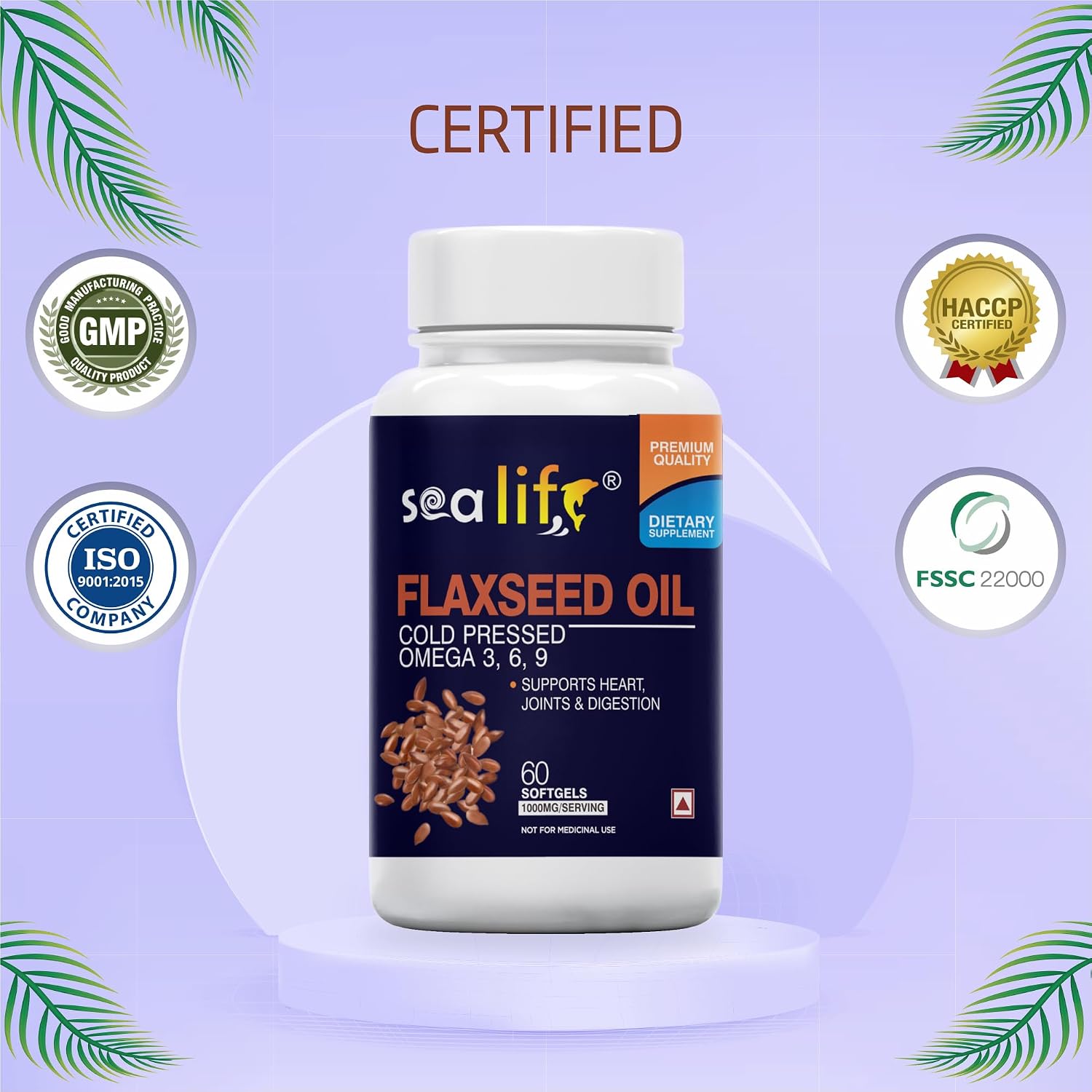 Sea Life Flaxseed Oil 1000 Mg Softgel Capsules | Omega 3,6,9 fatty acid | Supports Healthy Heart, Joints, Skin, Brain & Eyes | For Men & Women (60 Softgels Capsules) Pack of-1