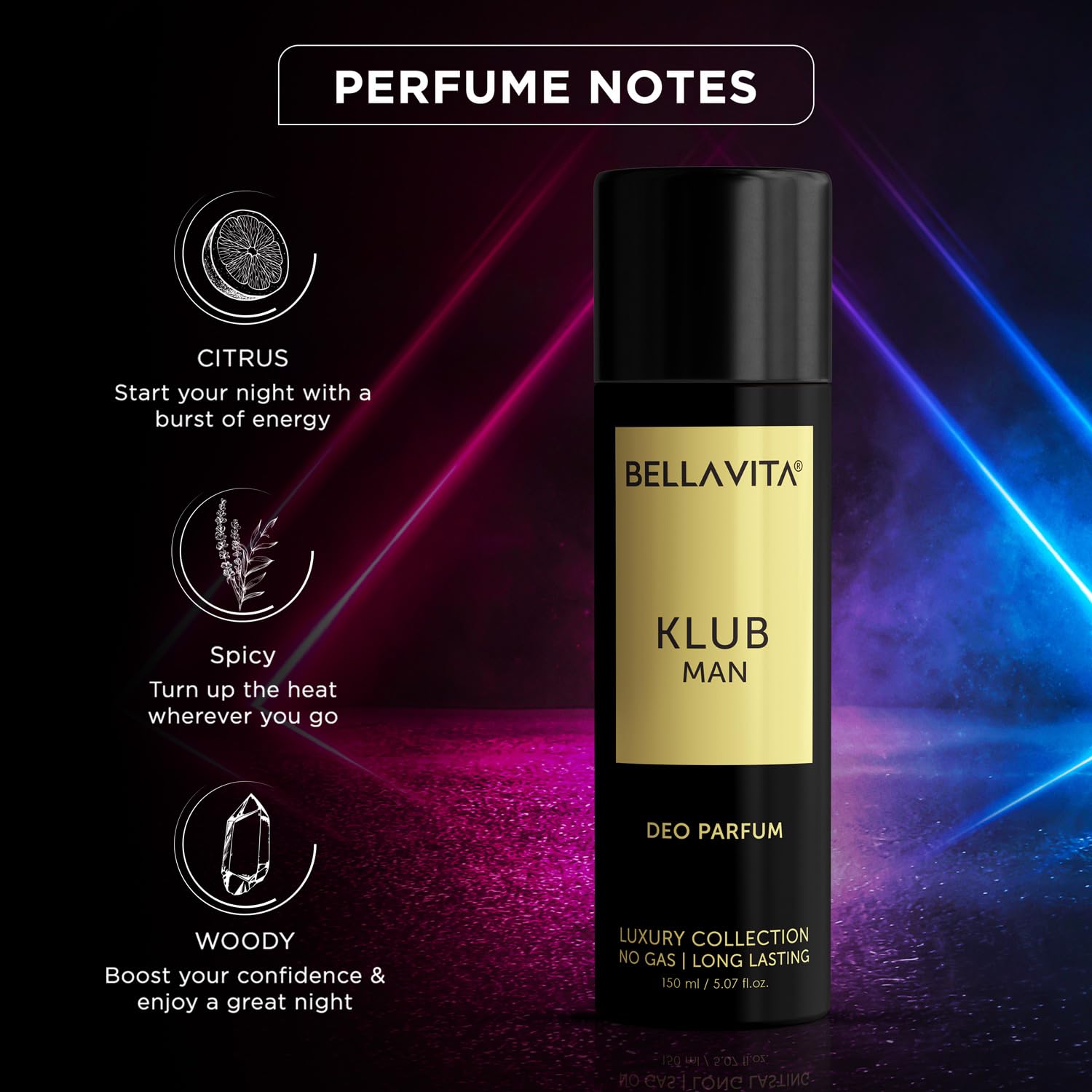 Bella Vita KLUB Men Body Perfume 150ml | No Gas Deo for Men | Deodorants Man | Long Lasting Spicy and Musky Fragrance with Refreshing Lemon, Rose Petals & Warm Vanilla Notes