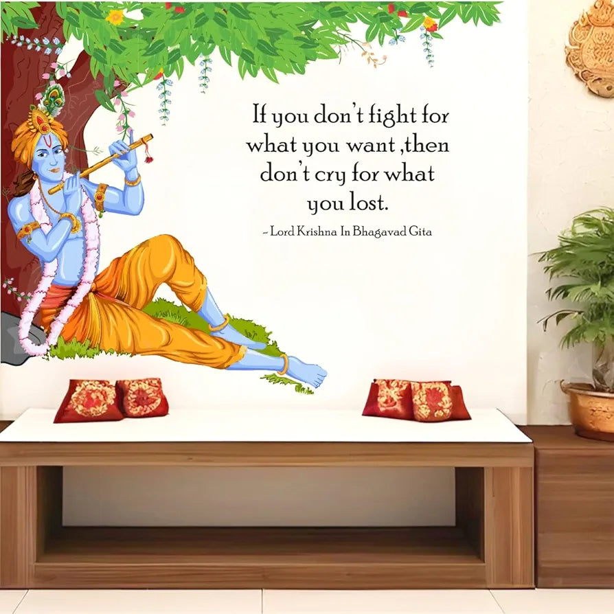 Rawpockets Decals Lord Krishna Flute Bhagavad Gita Quote Extra Large Size Wall Sticker