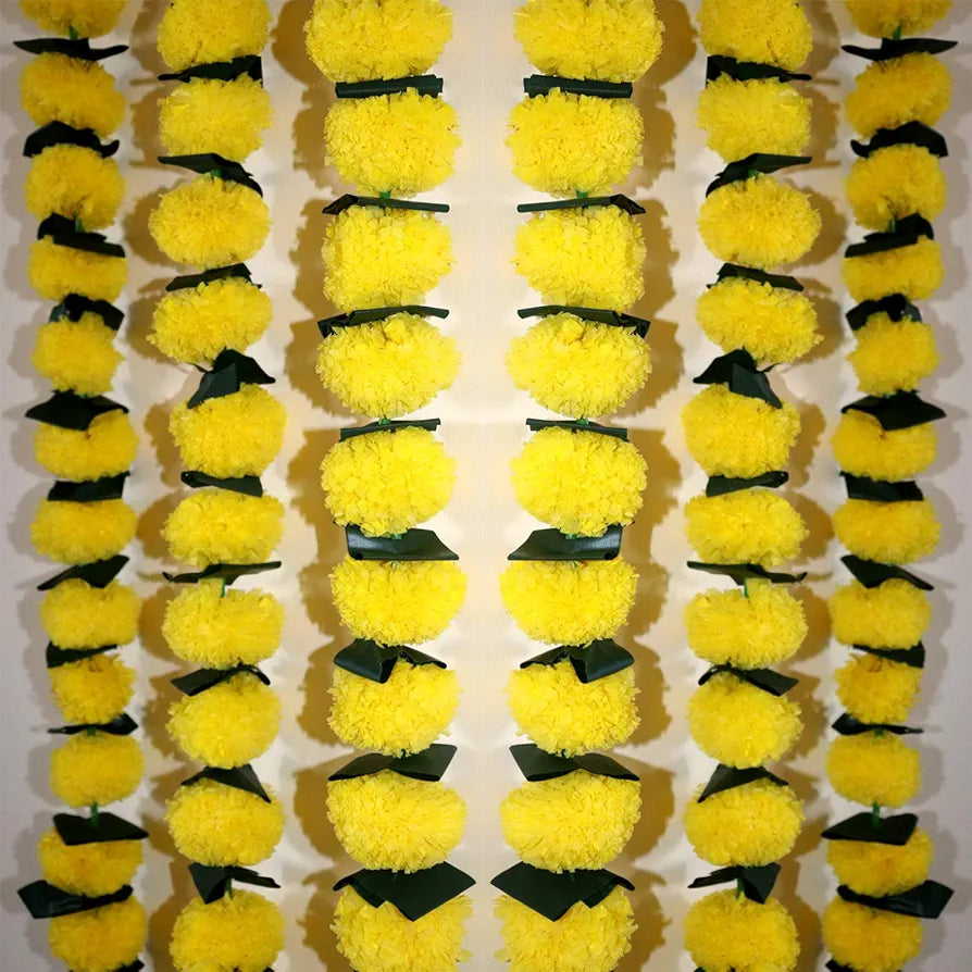 Reusable Artificial Flowers Hanging Garlands with Mango Leaf Artificial Marigold Genda Flowers Toran Pack of 3 Yellow With Leaf