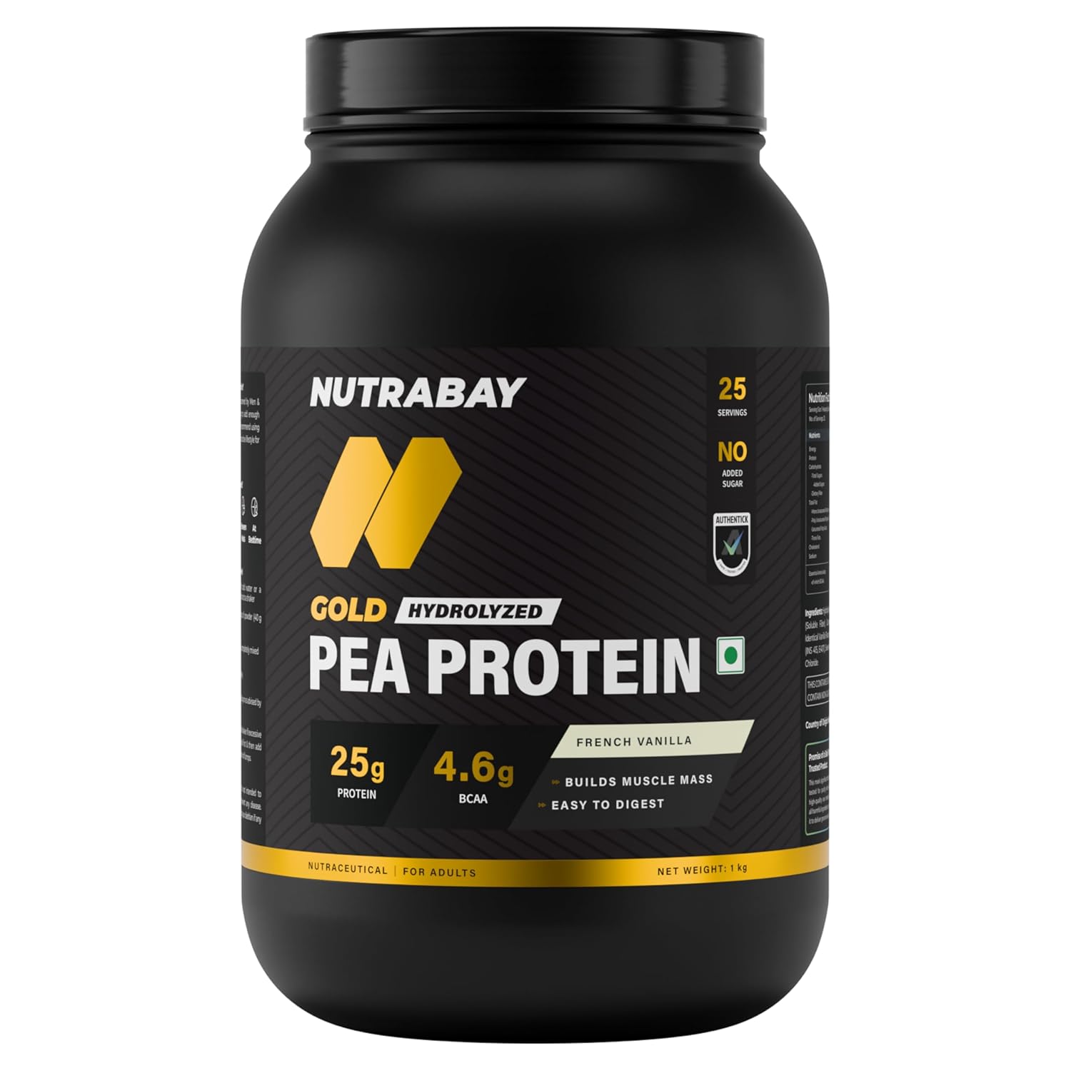NUTRABAY Gold 100% Pea Protein Powder - 1kg, French Vanilla | 25g Protein, 4.6g BCAA, 5g Fiber | Complete Amino Profile | Tastiest & Smoothest Vegan, Plant Protein | Muscle Gain & Fast Recovery