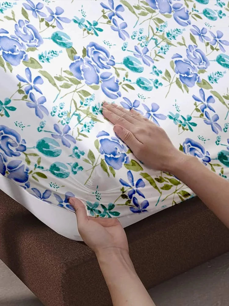 Trance Home Linen 180TC 100% Cotton 75"x60" Double Bed Size Elastic Fitted Bedsheet with 2 Pillow Covers Colour Huvu Blue