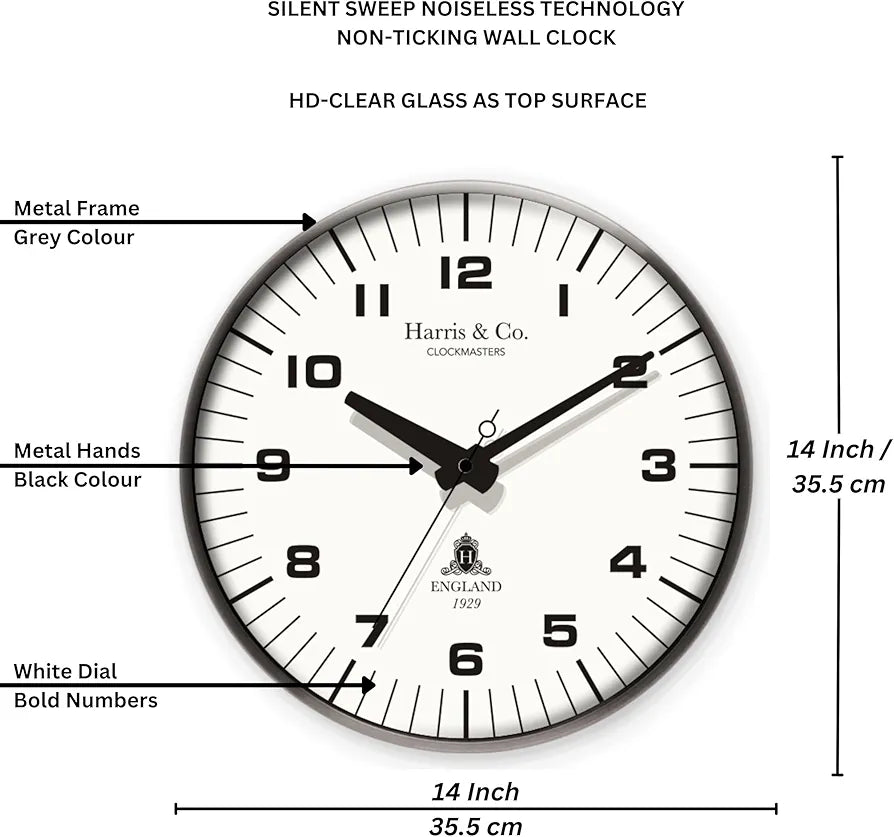 Harris & Co. Clockmasters Metal Silent Sweep Noiseless Technology Analog Wall Clock  Model-park Lane-grey