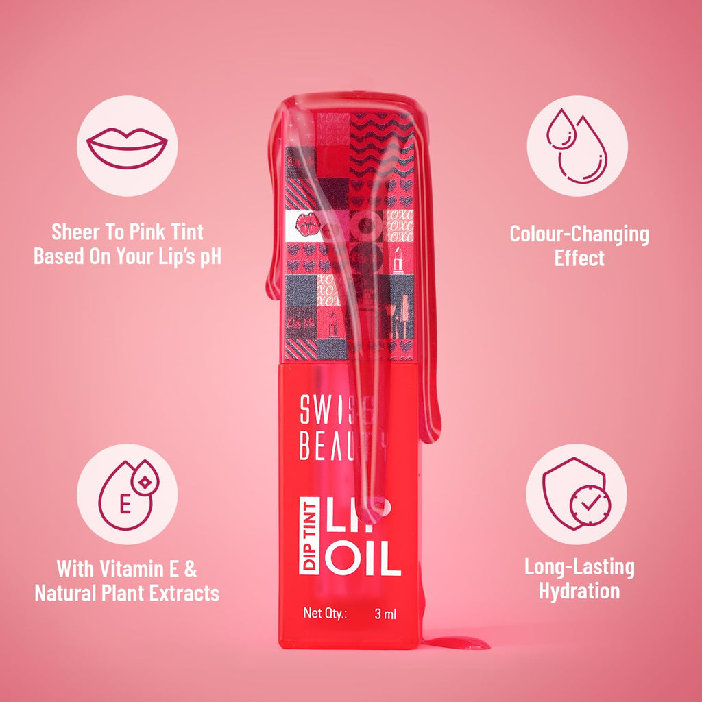 Swiss Beauty Dip Tint Lip Oil | Colour-Changing Lip Oil | Glossy Finish | Long-Lasting Moisturisation | Enriched with Vitamin E | Shade-01 Strawberry, 3ml