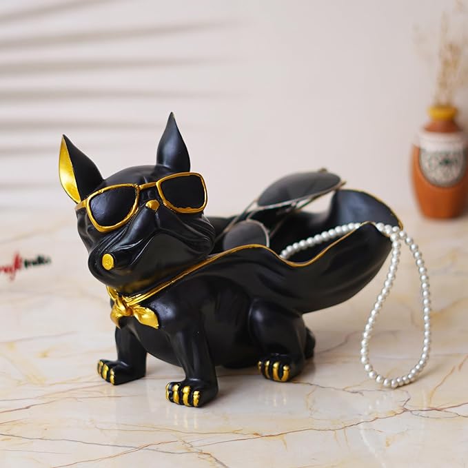Ecraftindia Black Bull Dog Statue in Glasses With Cape Serving Tray Animal Figurine for Home Table Decor Showpiece
