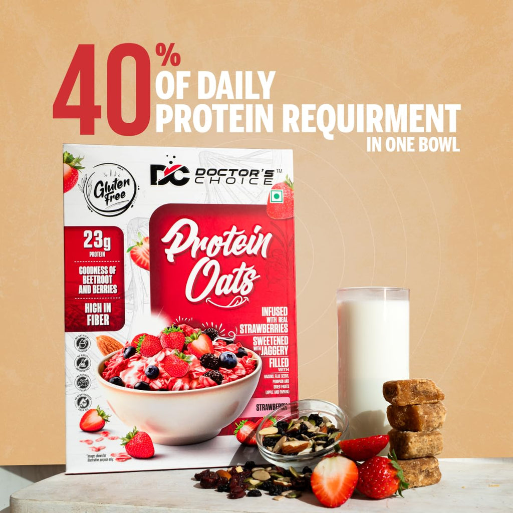 Doctors Choice High Protein Oats 750g | 24g Protein Oatmeal | Natural Strawberrry Flavour | No Added Sugar | Gluten Free | High Fiber Healthy Breakfast Oats