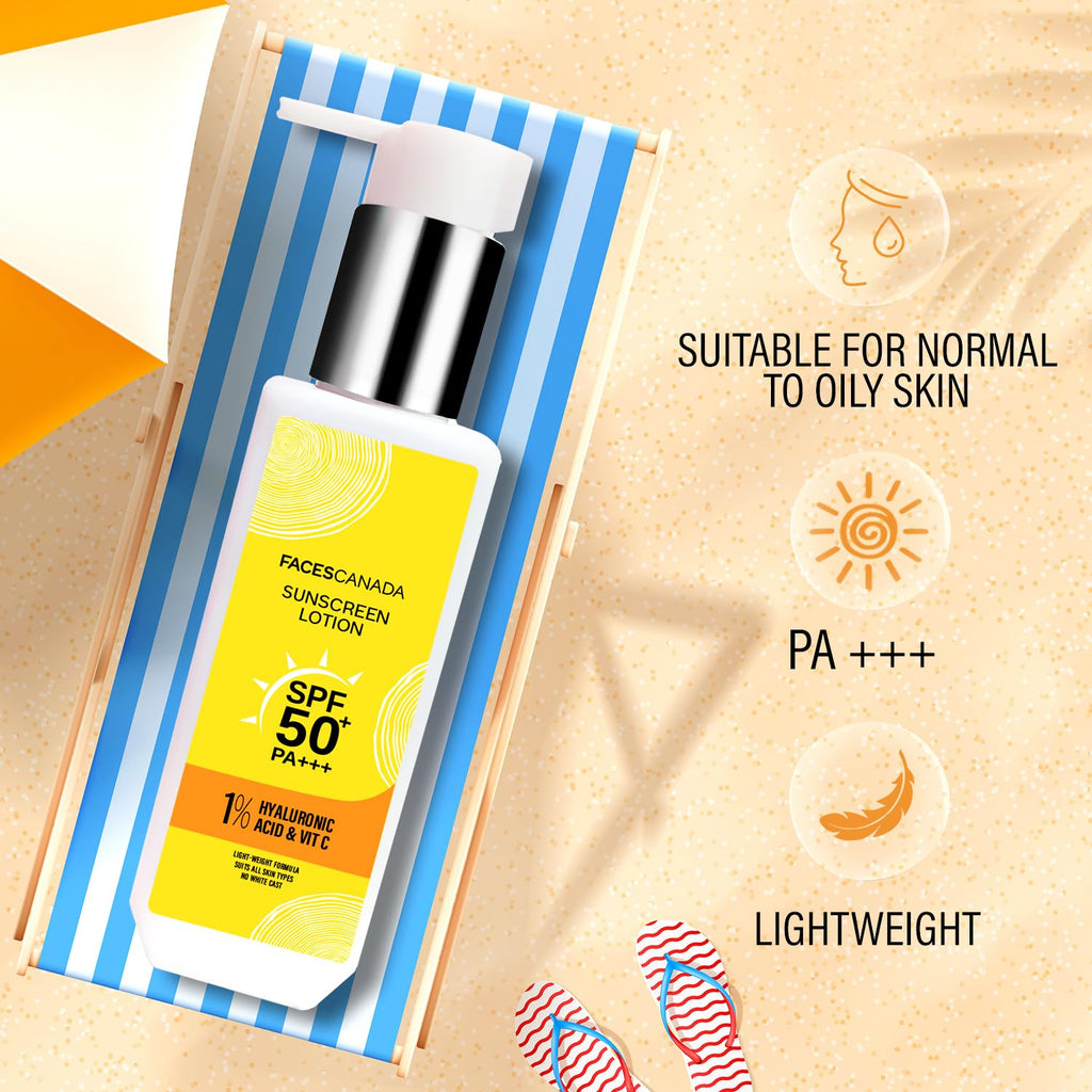 FACESCANADA Sunscreen Lotion, 100ml | SPF 50 PA+++ | Oily Protects From UVA & UVB Rays | 1% Hyaluronic Acid & Vitamin C | Lightweight | No White Cast | Natural Radiant Glow| No Alcohol | No Parabens