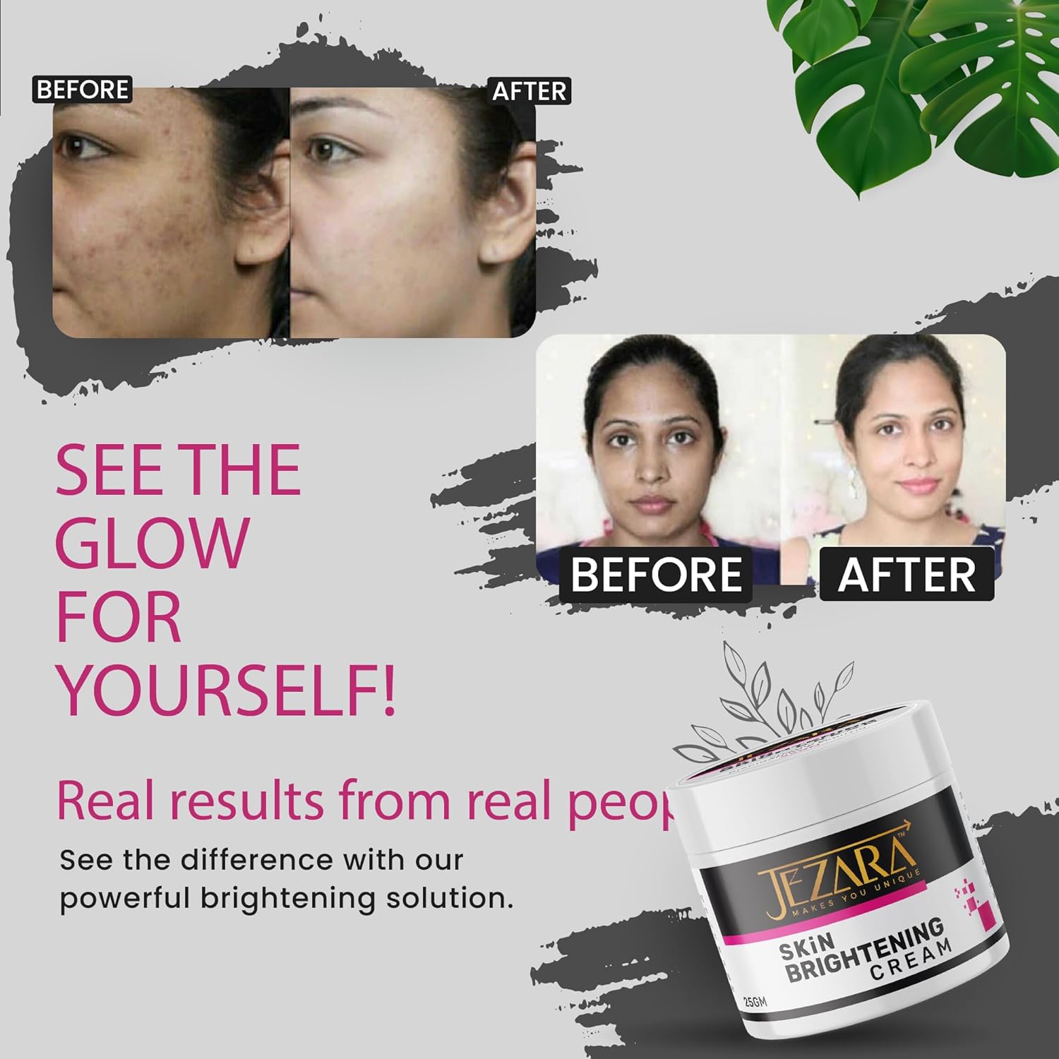JEZARA Natural Skin Glowing Face Cream for Women & Men | SPF 50++ Sun Protection | Day & Night Cream for Pimples, Blackheads & Dead Skin | 45g